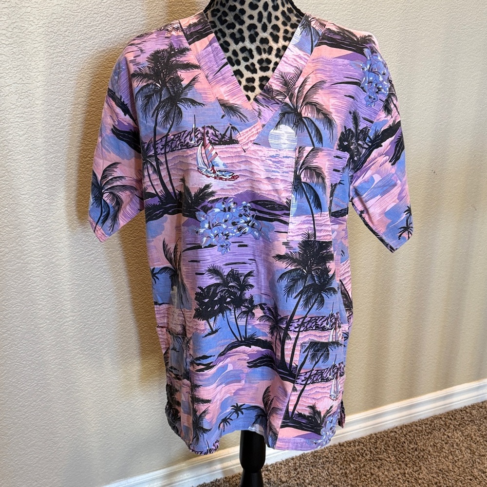 Tropical Print V-Neck Scrub Women Top - Purple, pink, and Black